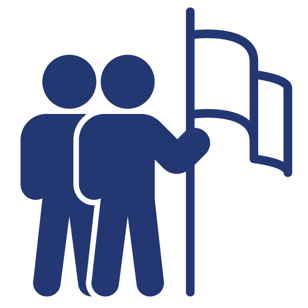 two blue cartoon people holding a flag