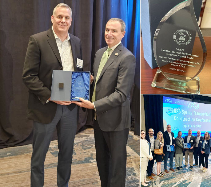 Shirley receives VDOT's 2025 Award-EPP-Route 7 Corridor Improvements Design-Build Project at the VTCA Spring Conference.